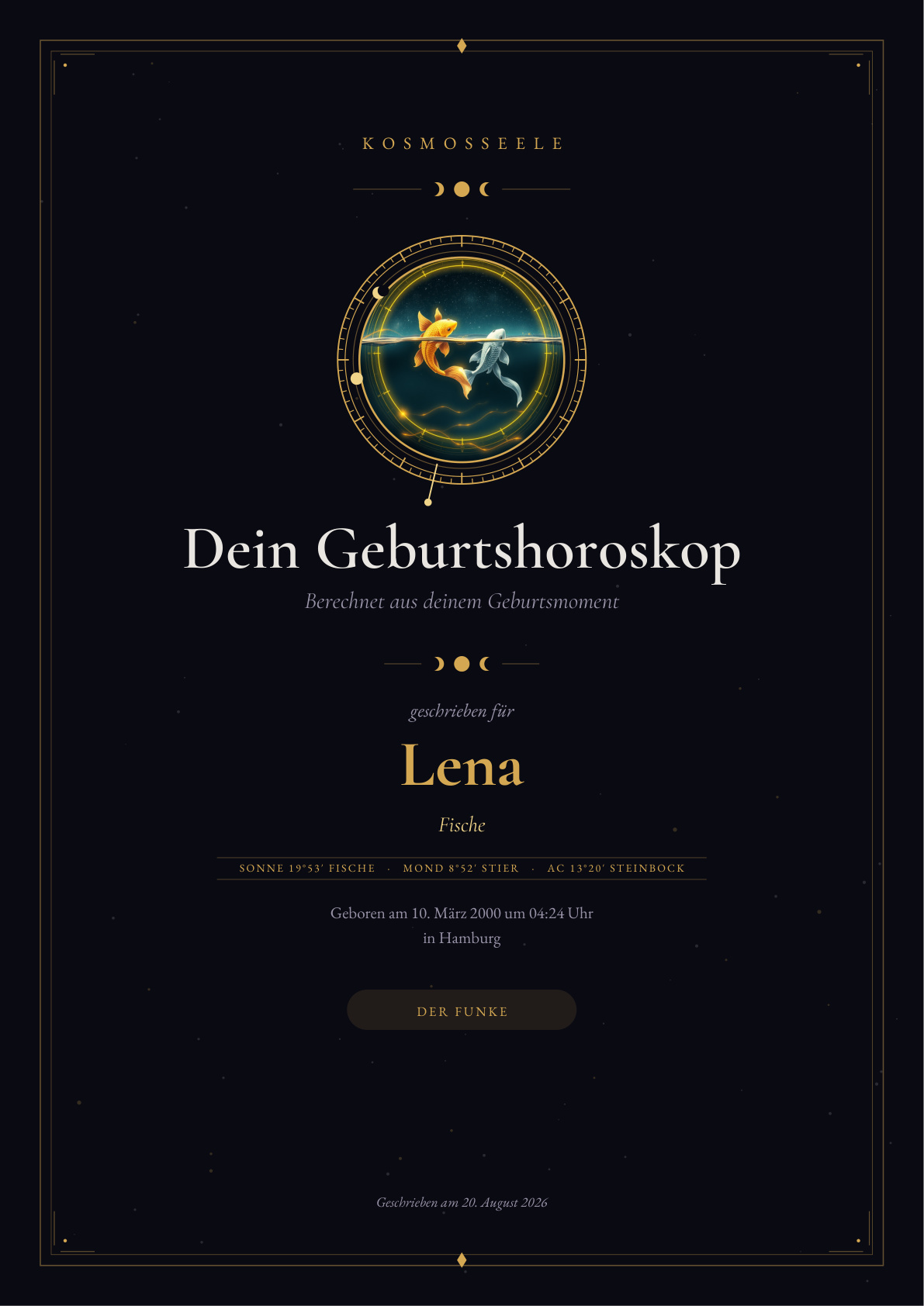 Titelseite des personalisierten Geburtshoroskops mit goldenem Himmelssiegel