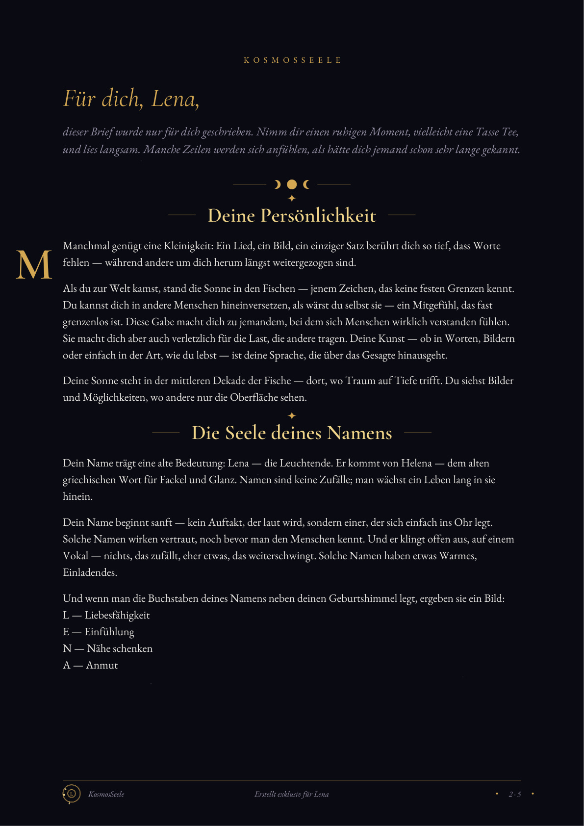 Geburtshoroskop-Seite mit der Deutung des Sonnenzeichens