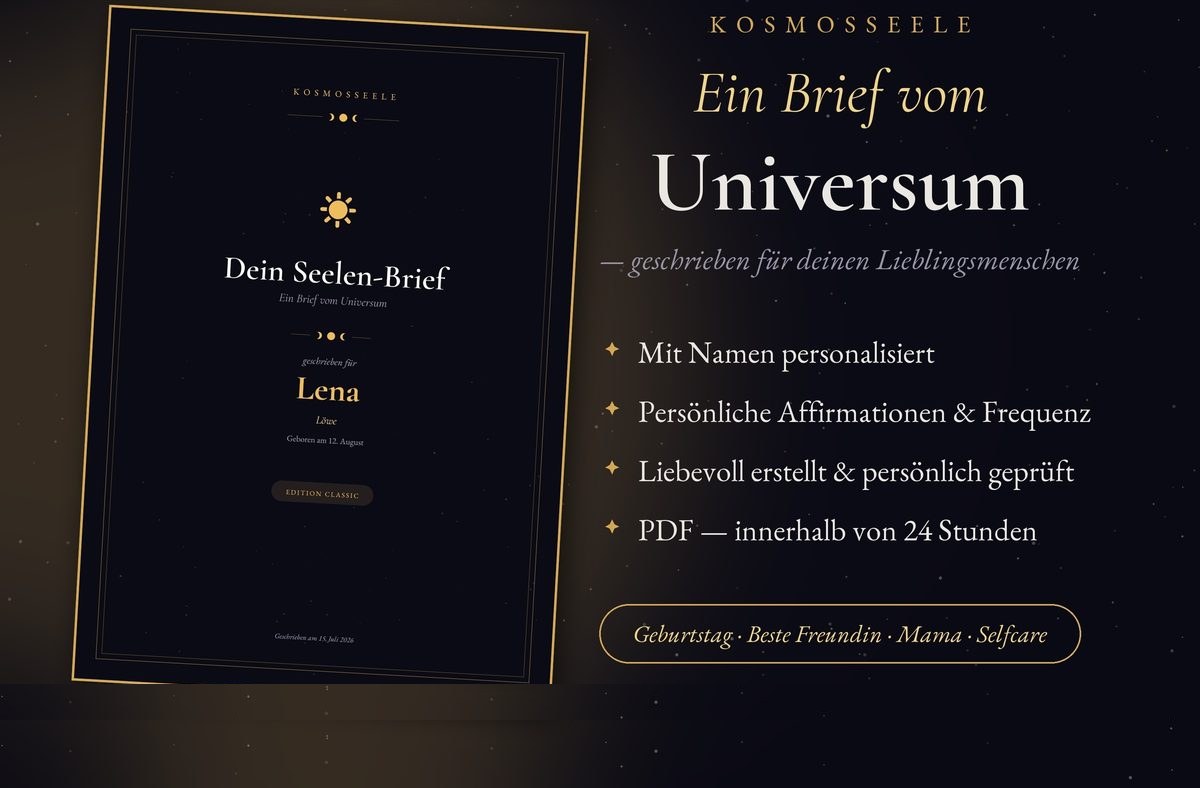 Ein KosmosSeele Seelen-Brief — dunkelblaues Cover mit goldener Schrift und Sternenhimmel